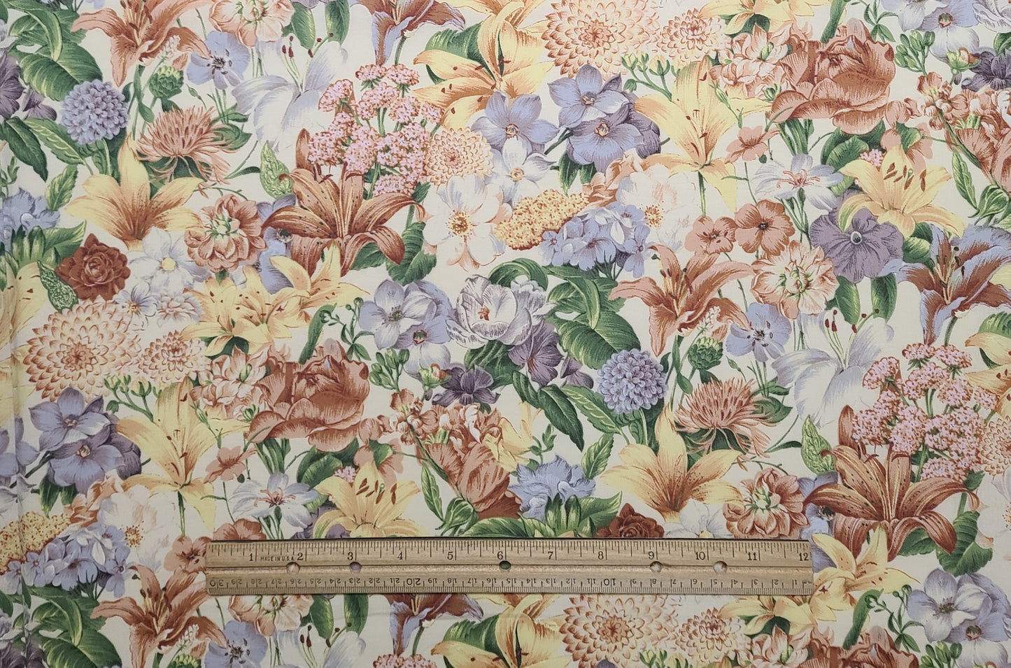 Les Jardins by Hoffman International Fabrics - Pale Yellow Fabric / Rust, Green, Purple Flower Print