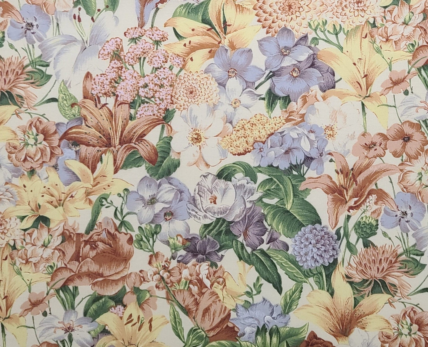 Les Jardins by Hoffman International Fabrics - Pale Yellow Fabric / Rust, Green, Purple Flower Print