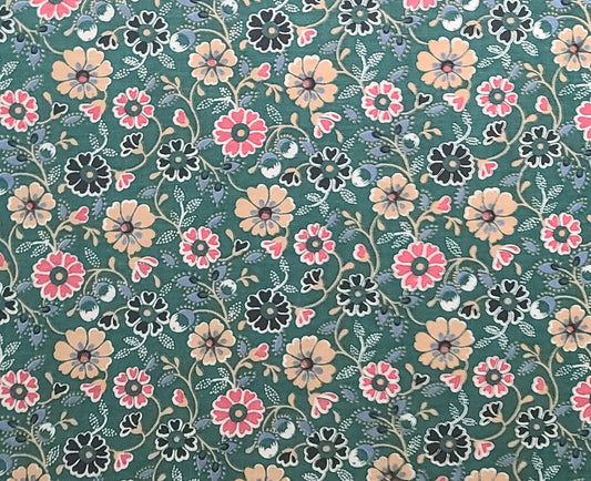 Green Fabric / Black, Tan, Blue, Pink Flower and Leaf Print - Selvage to Selvage Print