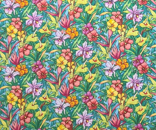 2001 Tropical Paradise Auntie for Fabrics by Spectrix - Bright Sky Blue Fabric / Brightly Colored Pink, Orange, Yellow, Green Flower Print