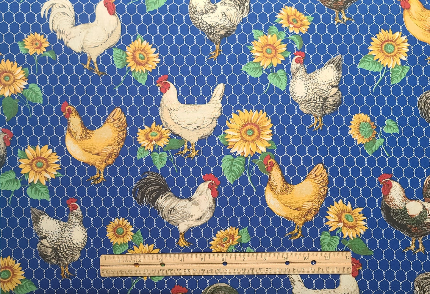 Blue Fabric / Chickens and Chicken Wire Print / Sunflowers - Selvage to Selvage Print