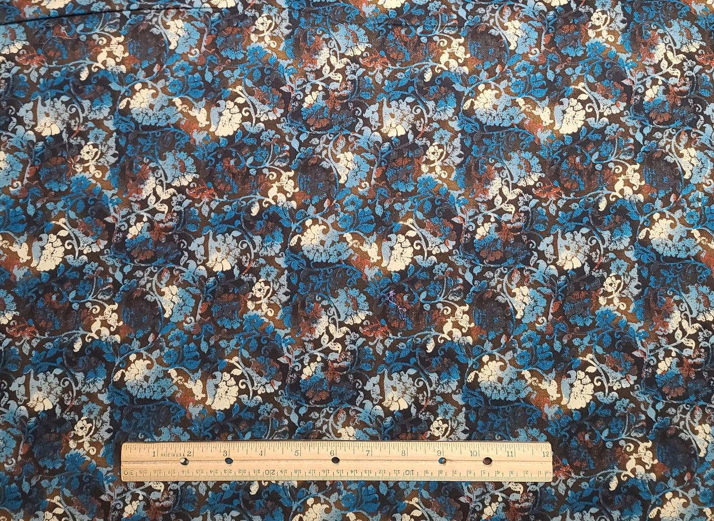 London Collection Rose & Hubble - Dark Brown Tonal Fabric / Teal, Aqua, White Brocade Style Flower Print