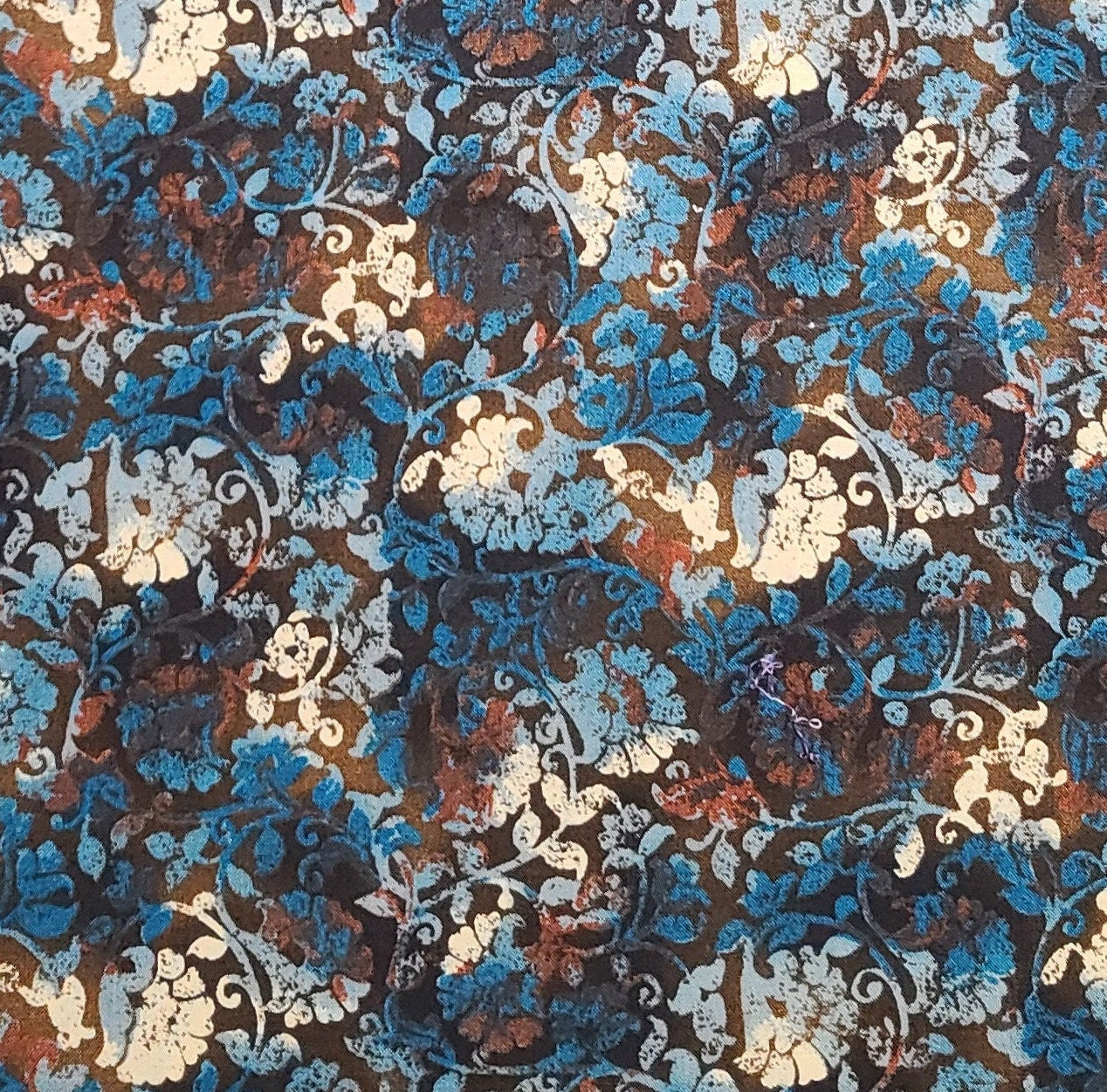 London Collection Rose & Hubble - Dark Brown Tonal Fabric / Teal, Aqua, White Brocade Style Flower Print