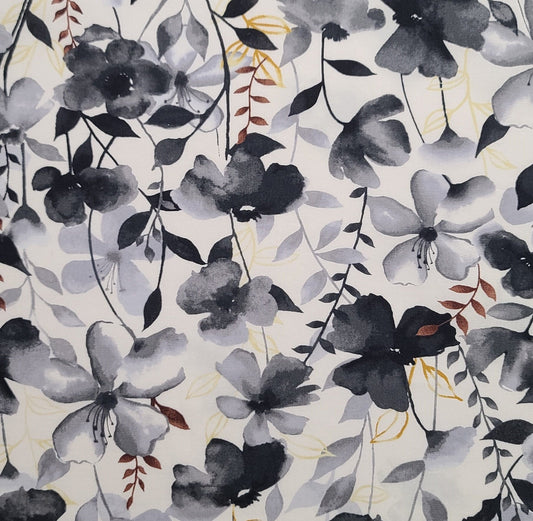 Watercolor Sketchbook by Grace Popp for Studio E Fabrics Patt #5091 - White Fabric / Black and Gray Flower Print