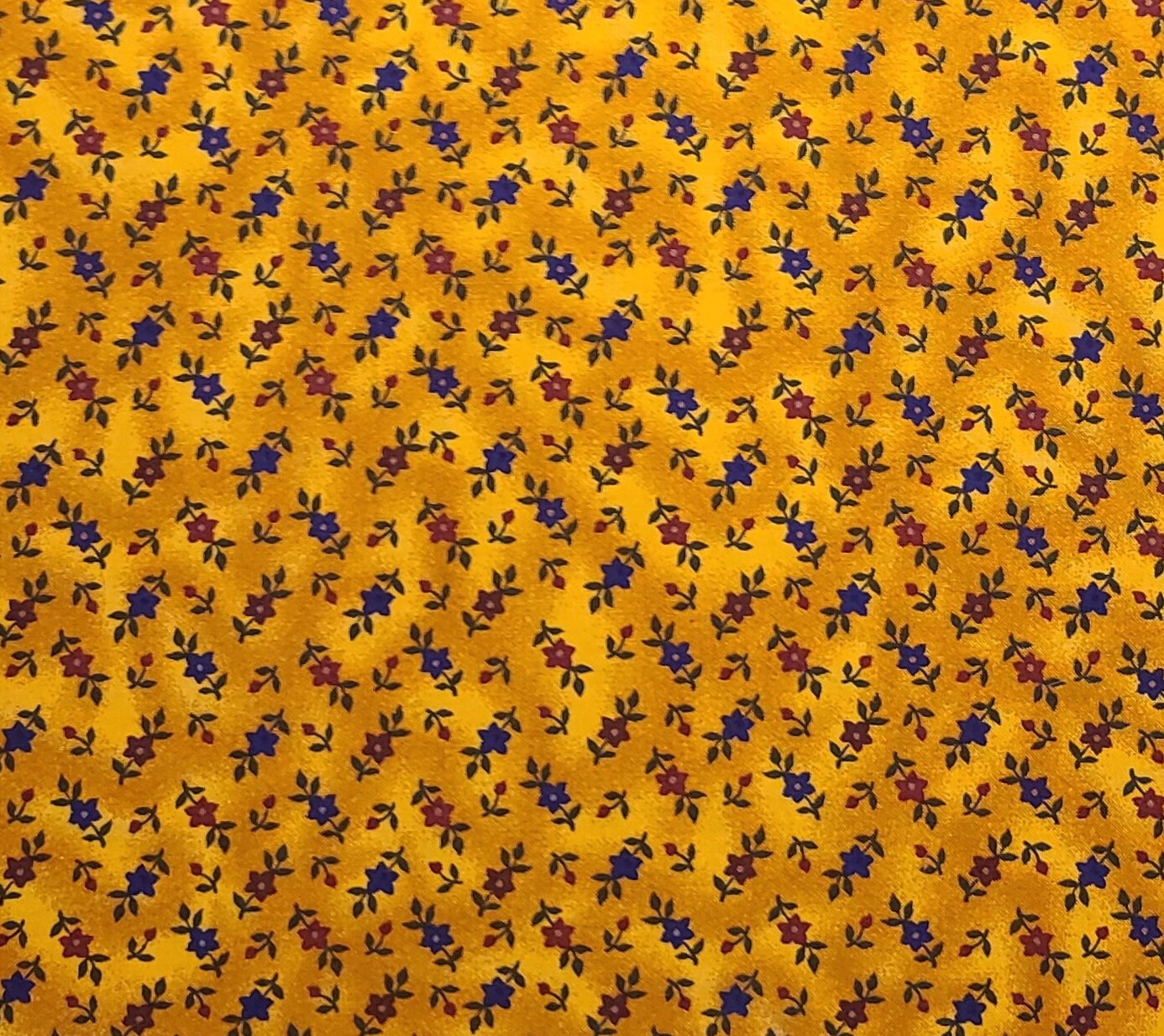 Marcus Brothers Textiles Inc - Gold Tonal Fabric / Dark Blue, Red, Green Flower Print