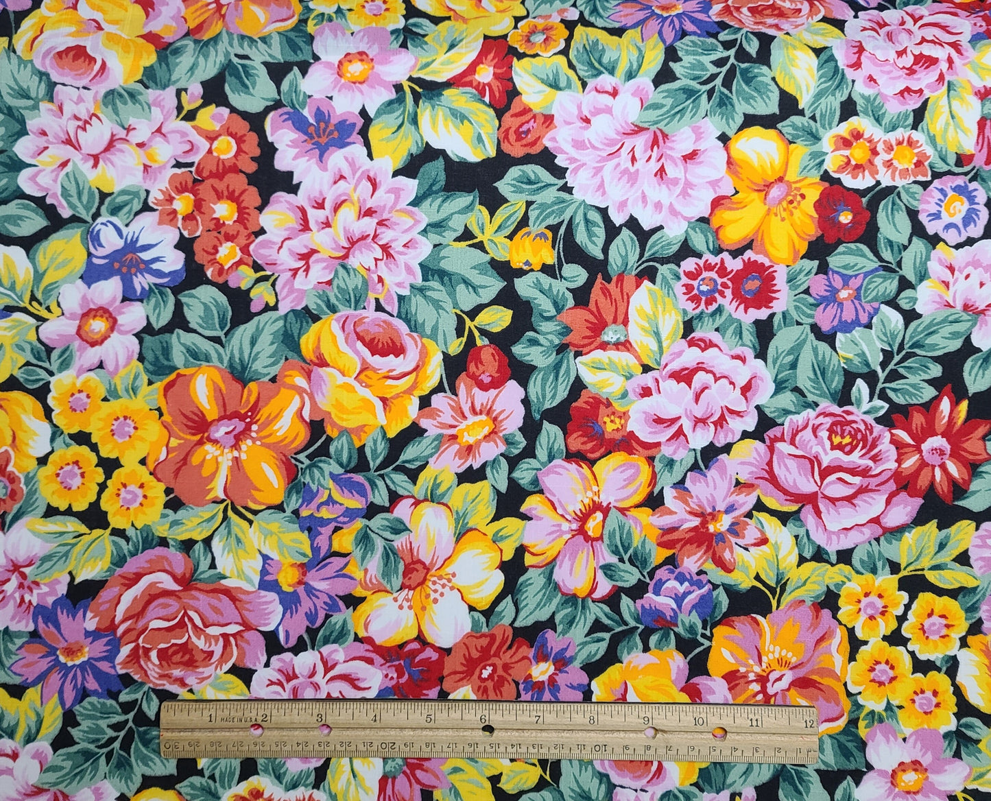 Wamsutta OTC - Black Fabric / Large Flower Print - Red, Pink, Yellow, Green, White