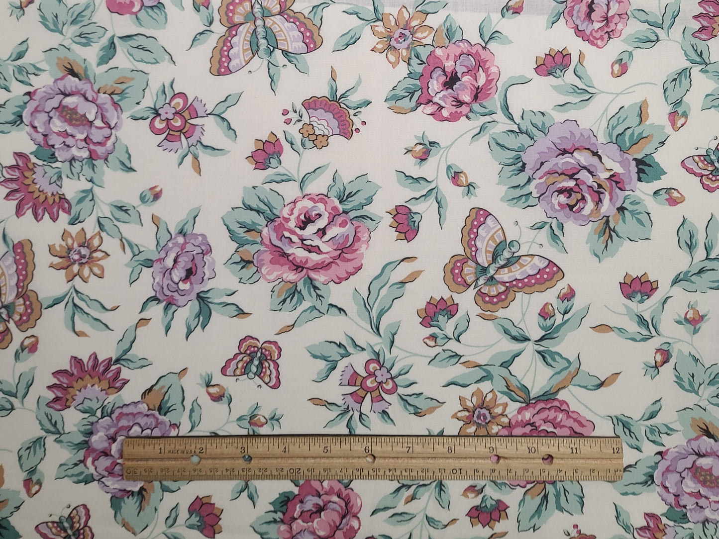 Fabric Country - Soft White Fabric / Lavender, Tan, Soft Green, Pink Flower and Butterfly Print