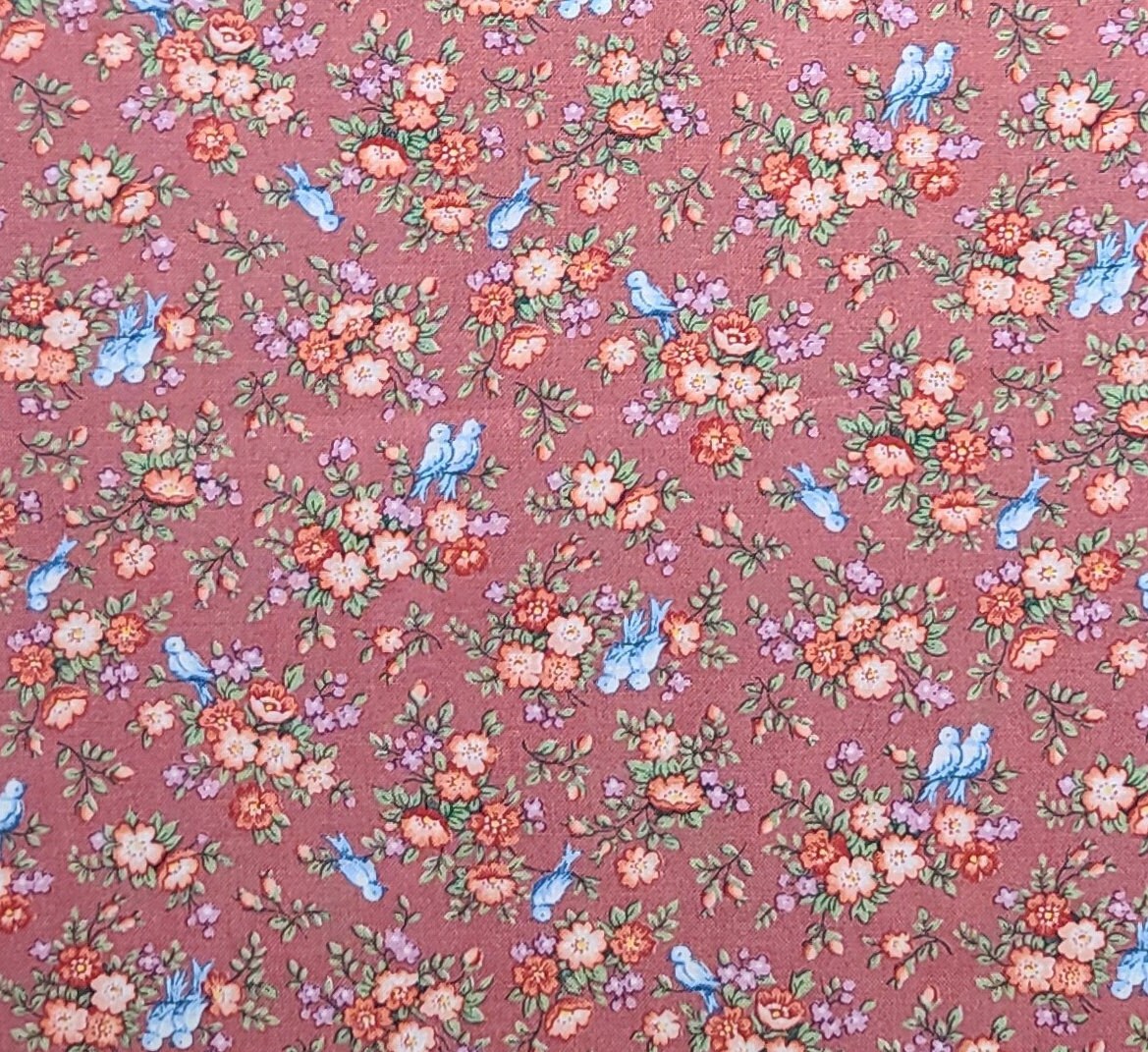 VIP Cranston Print Works - Dusty Rose Fabric / Pink, Coral, Lavender Scattered Bouquet and Bluebird Print