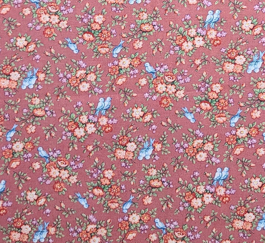 VIP Cranston Print Works - Dusty Rose Fabric / Pink, Coral, Lavender Scattered Bouquet and Bluebird Print