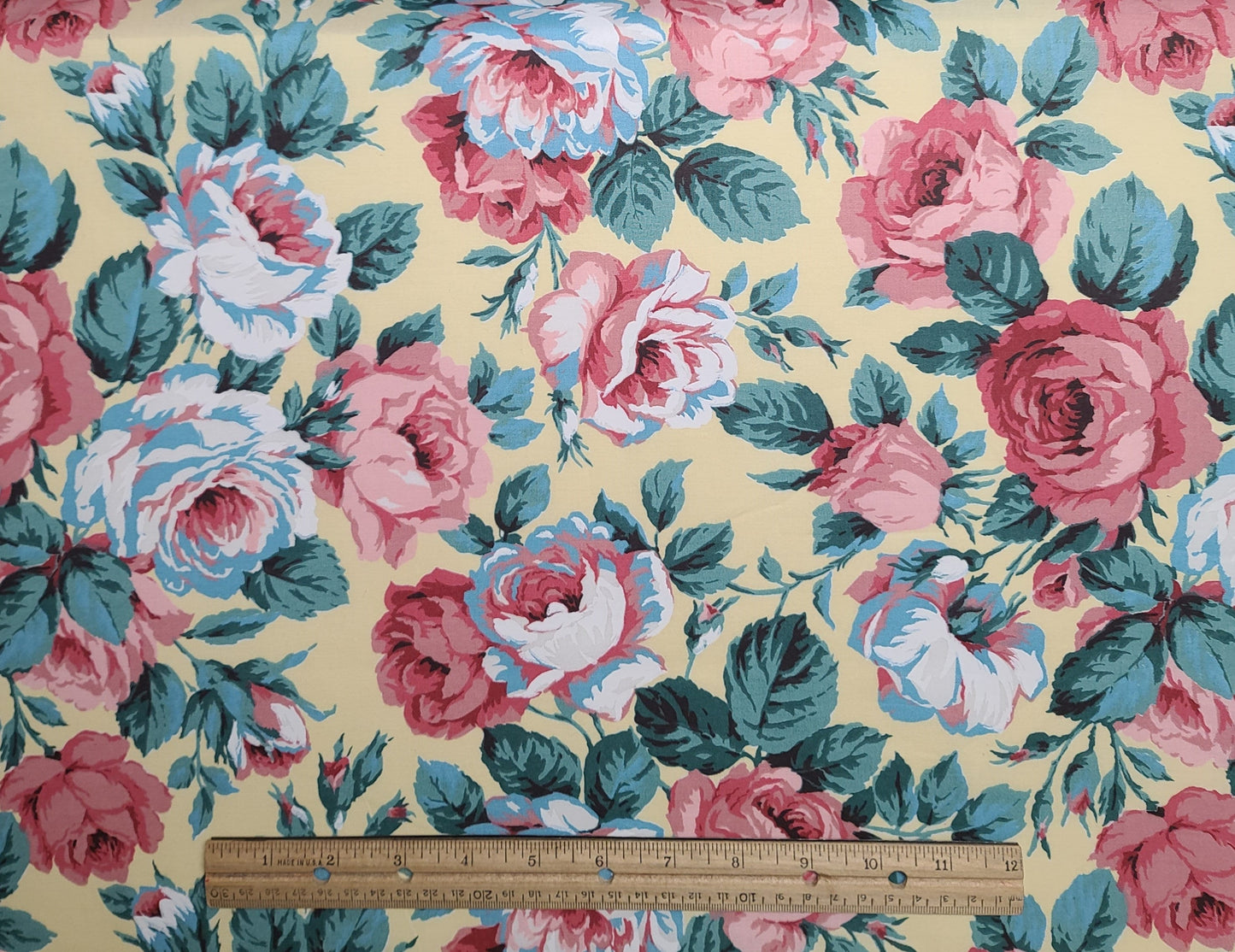 VIP Cranston Print Works - Pale Yellow Fabric / Blue, Aqua, Pink, White Oil Paint Style Floral Print