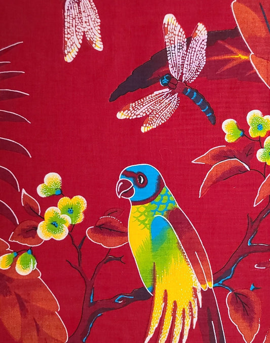 Guaranteed Dutch Java Print 4609R vlisco - Red Fabric / Bright Tropical Bird, Butterfly and Flower Print