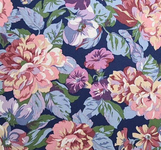 Coventry Collection Hoffman International Fabrics - Dark Blue Fabric / Purple, Blue, Green, Mauve Large Floral Print