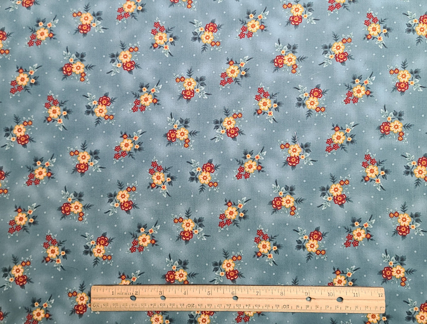 Blue/Green Tonal Fabric / Gold, White, Red Tossed Flower Bouquet Print