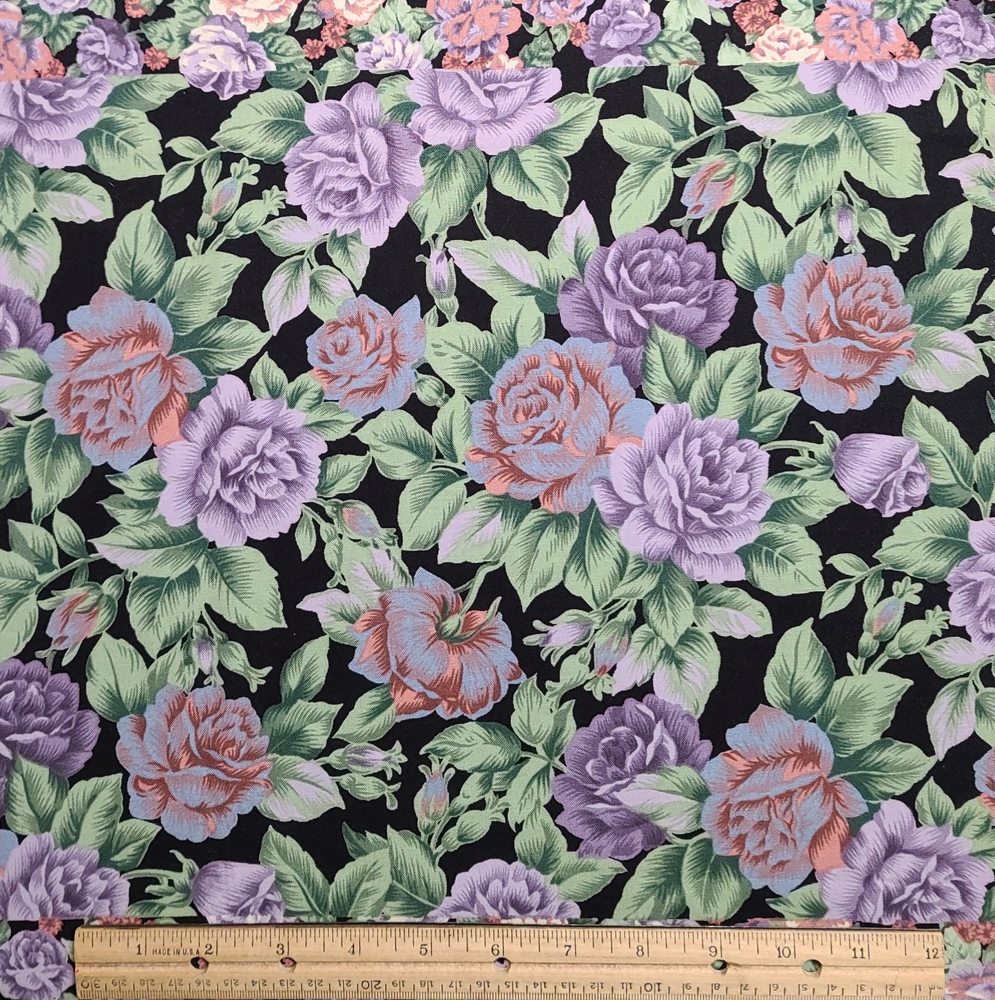 Coventry Collection Hoffman International Fabrics - Black, Purple, Green, Pink 12" x 14" Block Cheater Cloth Fabric / Floral Prints