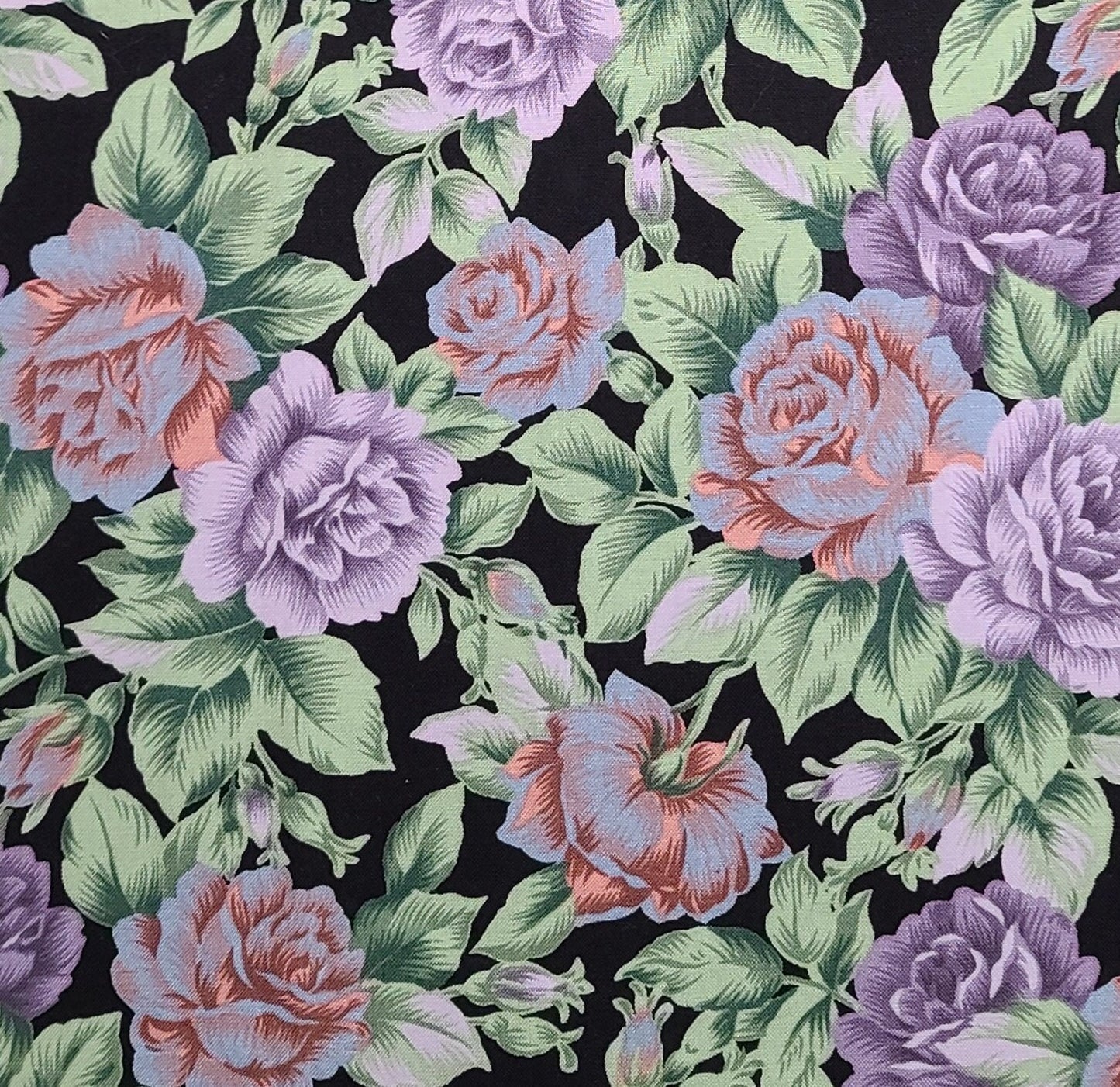 Coventry Collection Hoffman International Fabrics - Black, Purple, Green, Pink 12" x 14" Block Cheater Cloth Fabric / Floral Prints