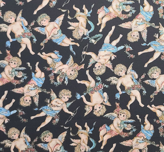 Hi-Fashion Fabrics Inc - Black Fabric / Victorian Style Cupid Print / Gold Metallic Accents.