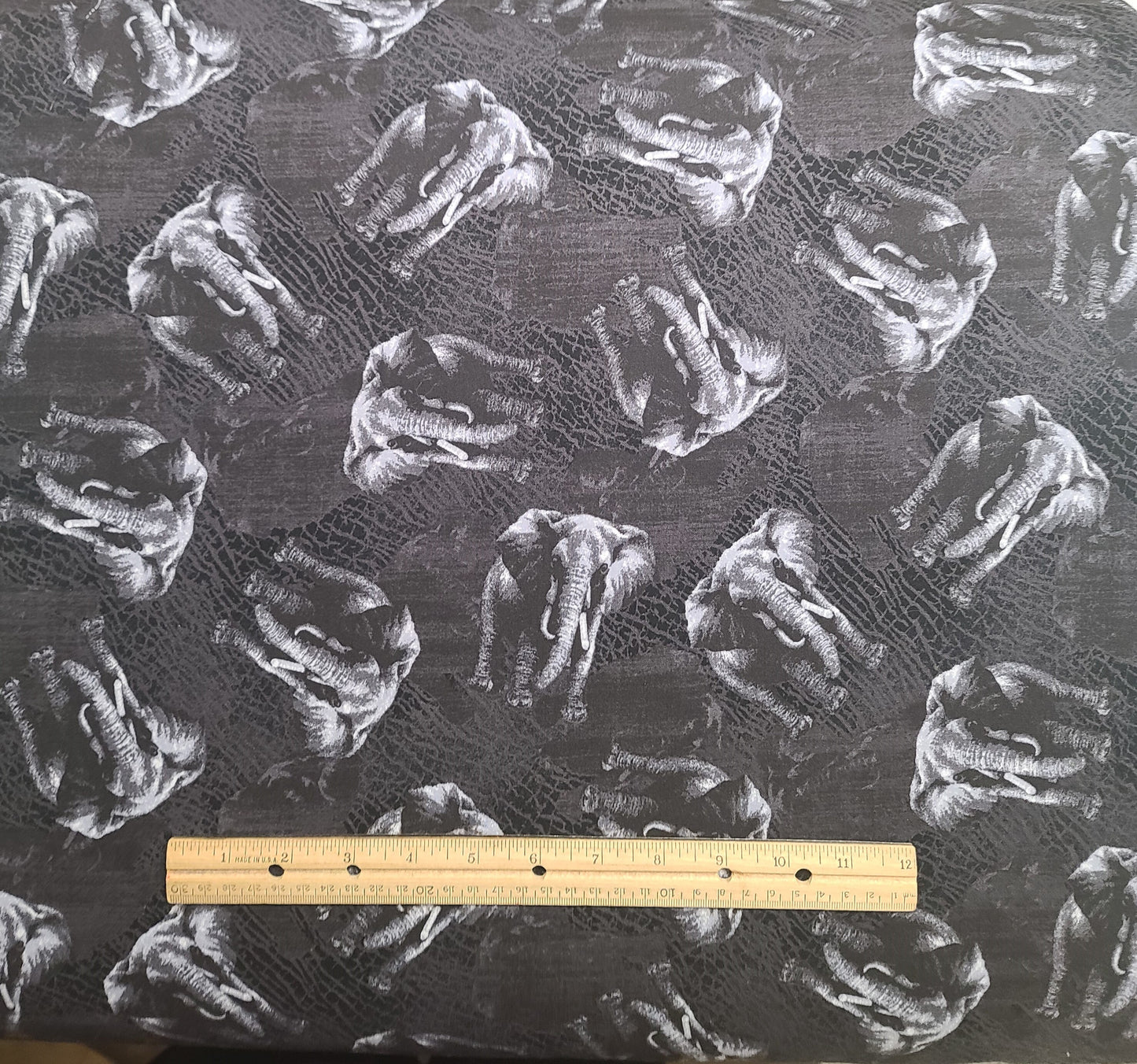 Serengeti by Fabri-Quilts Inc Patt 1024 - Black and Gray Tonal Fabric / White Elephant Print