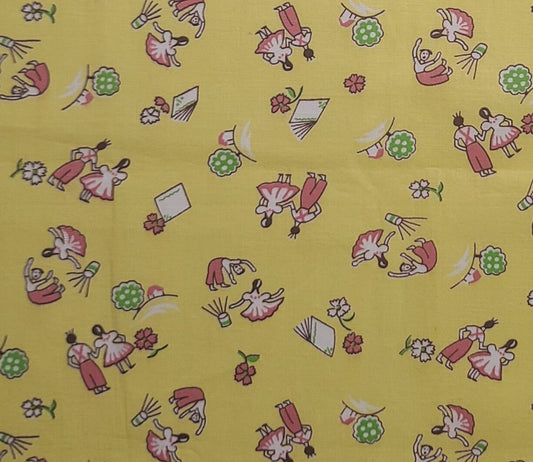 EOB - Vintage 36" WIDE Yellow Fabric / Rose, Green, White Reproduction Style Print