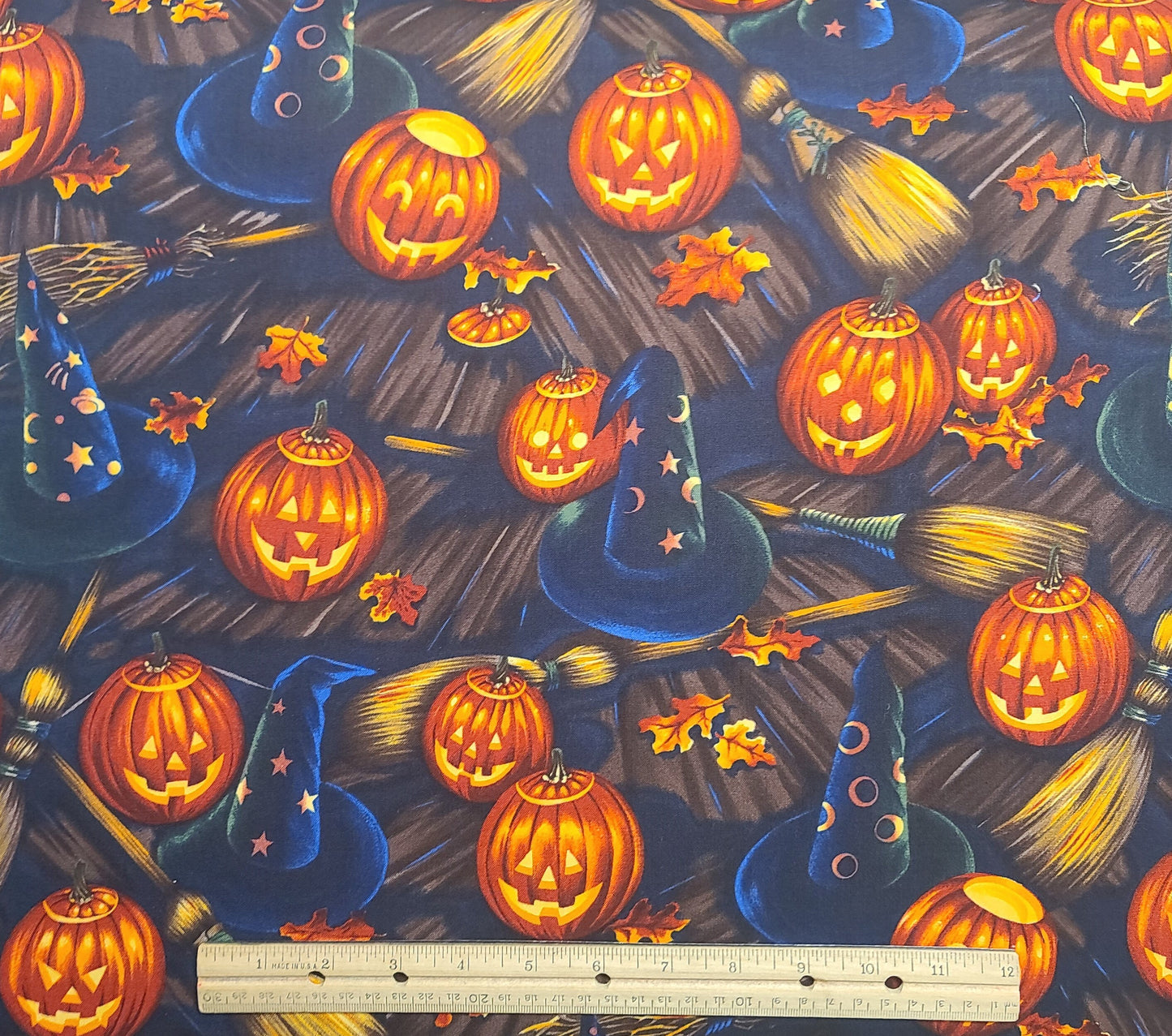 EOB - Bell Knobs & Broomsticks The Alexander Henry Fabric Collection 1998 - Jack-O-Lantern, Broom, Witch Hat Print Fabric