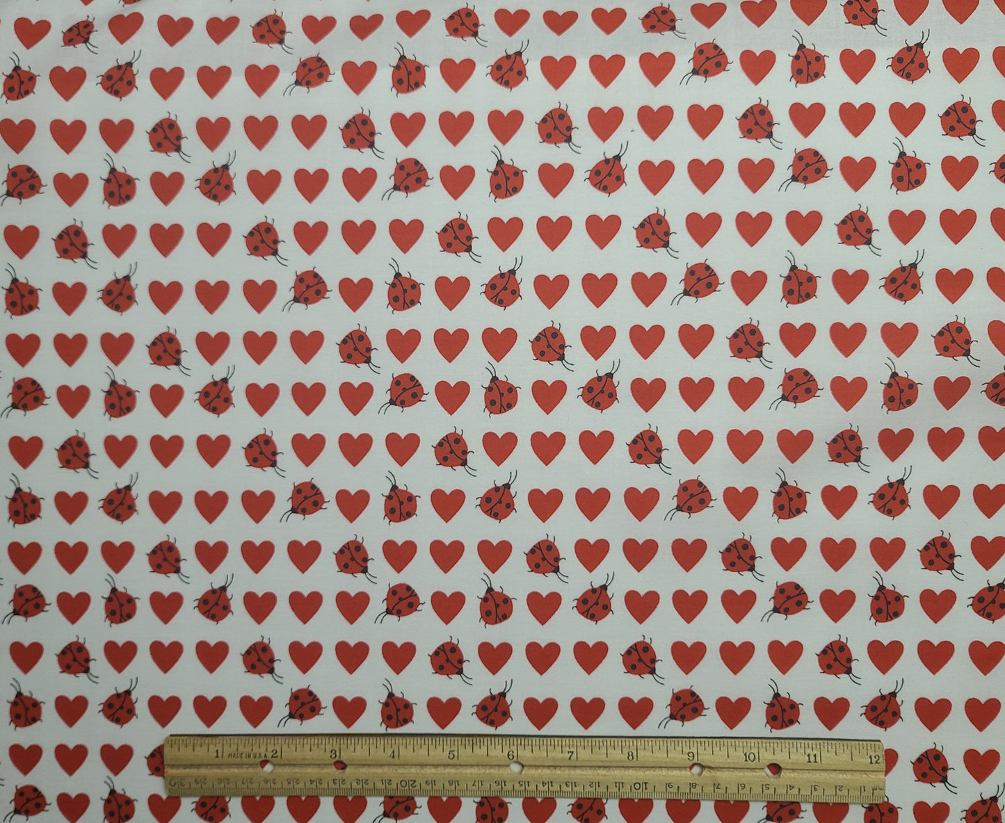 White Fabric / Red Heart and Lady Bug Pattern - Selvage to Selvage Print