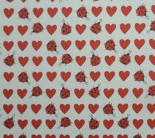 White Fabric / Red Heart and Lady Bug Pattern - Selvage to Selvage Print