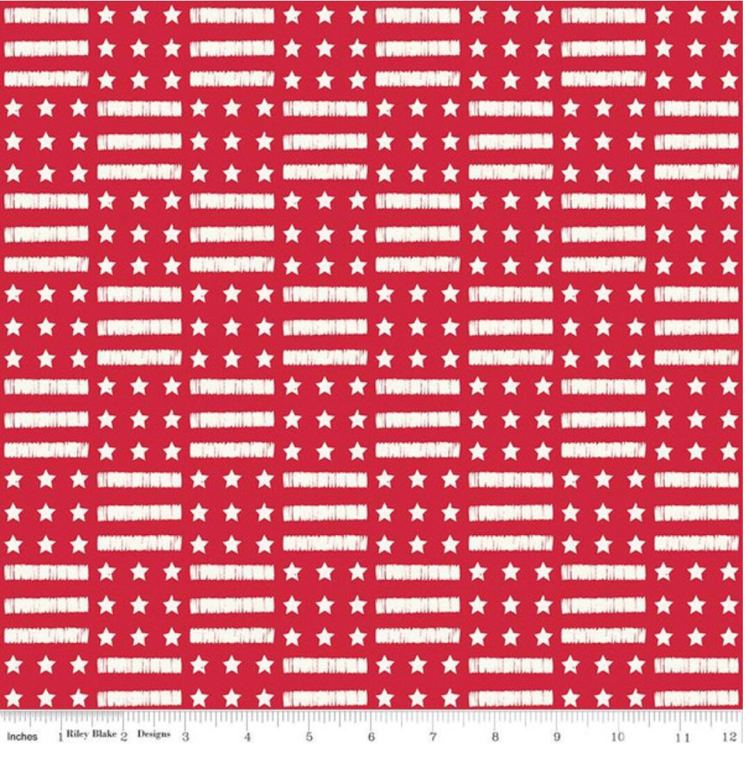 Riley Blake Designs Pattern C13141-RED Land of the Brave by My Minds Eye - Red Fabric / White Stars and Stripes Print