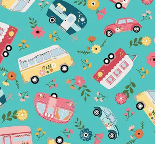 Riley Blake Designs Pattern C14790-COTTAGE Gone Glamping by Lori Whitlock 2024 - Main - Aqua Fabric / Tossed Trailer Print