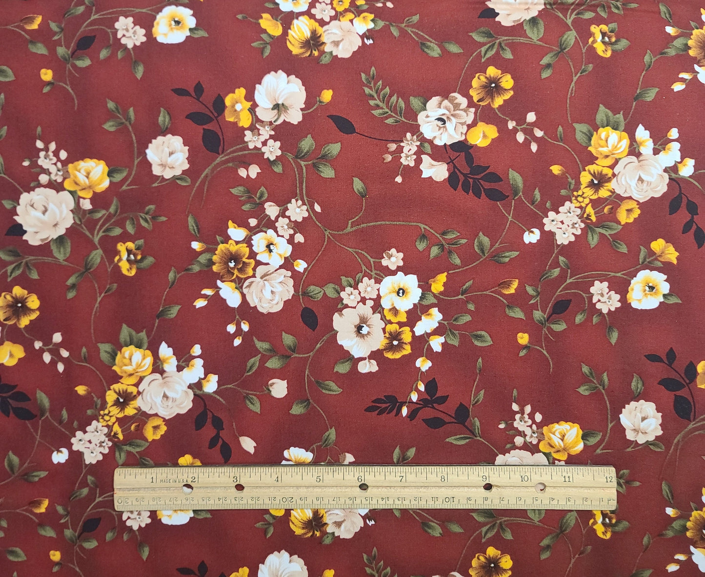 EOB - Hi-Fashion Fabrics Inc Patt#JA-C1949 - Dark Red Fabric / Large White, Gold, Beige Flower, Vine Print