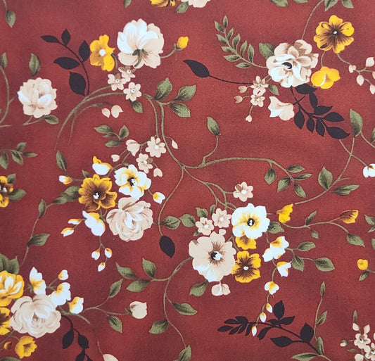 EOB - Hi-Fashion Fabrics Inc Patt#JA-C1949 - Dark Red Fabric / Large White, Gold, Beige Flower, Vine Print