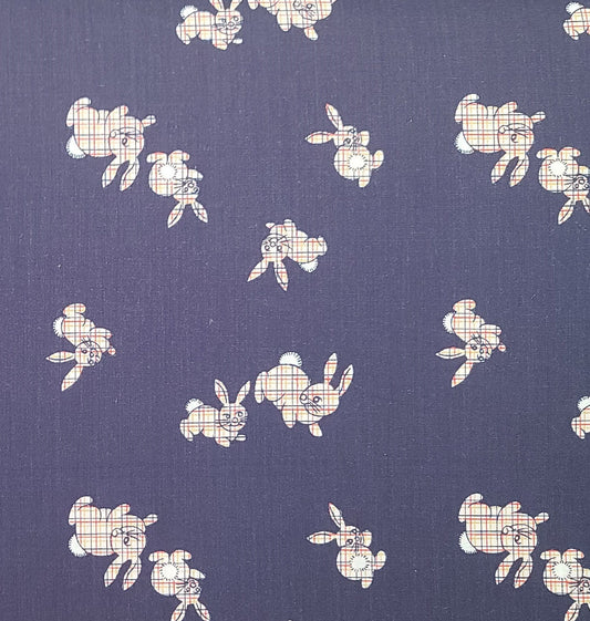 Vintage Dark Blue Fabric / Plaid Bunny Print - Selvage to Selvage Print