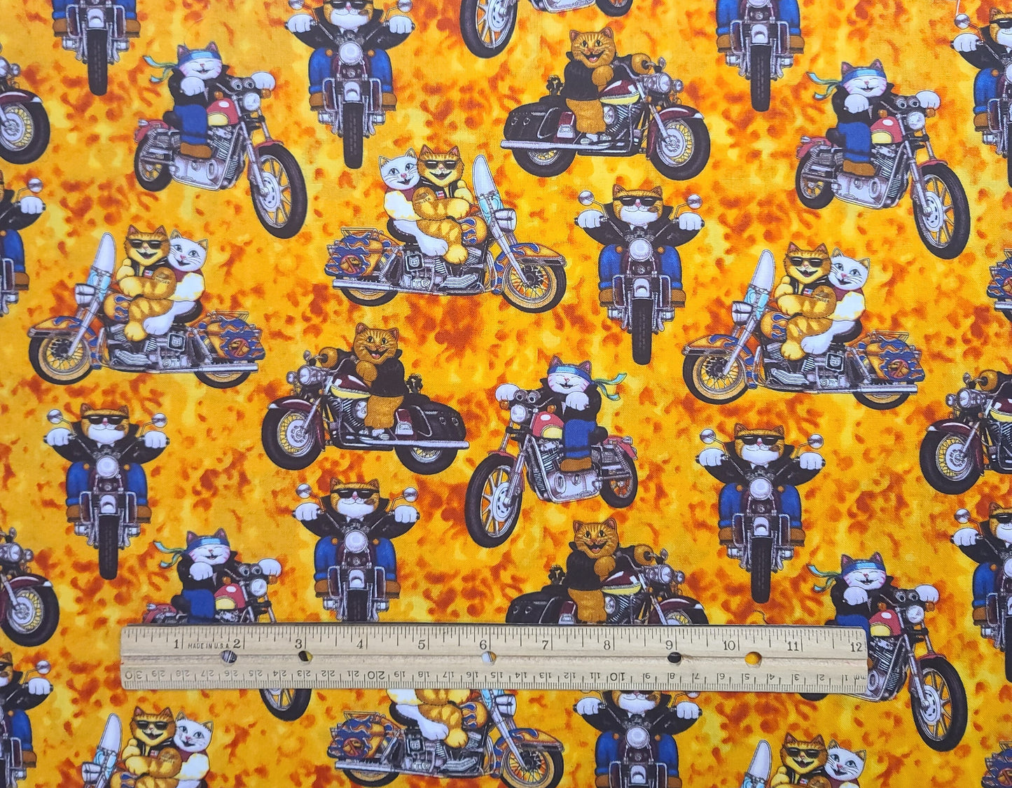 EOB - Dan Morris Cool Cats Design #ADO-10103 - Orange Tonal Fabric / Cartoon-Style Cats on Motorcycles