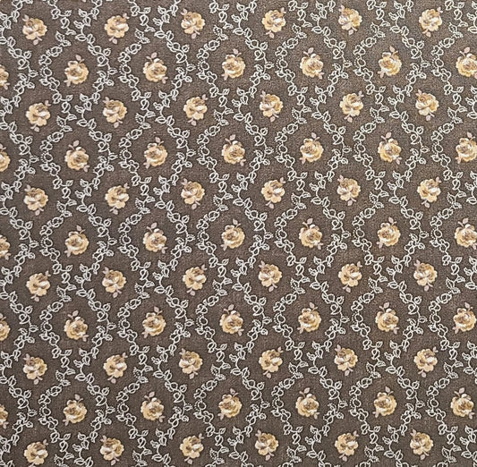 Brown Fabric / Reproduction Style White and Light Brown Vine and Flower Print - Selvage to Selvage Print