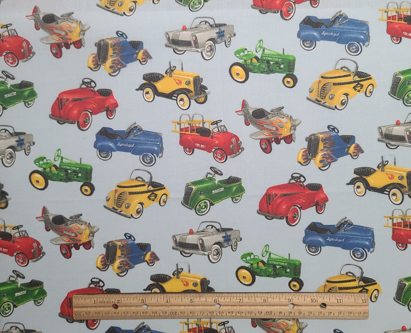 EOB - Patty Reed Designs 2010 Fabric Traditions - Sky Blue Fabric / Vintage Pedal Car, Train, Tractor Print