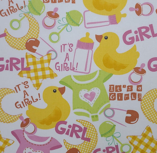 EOB - JoAnn Fabrics - White Fabric / Pink, Green, Yellow "It's A Girl" Print