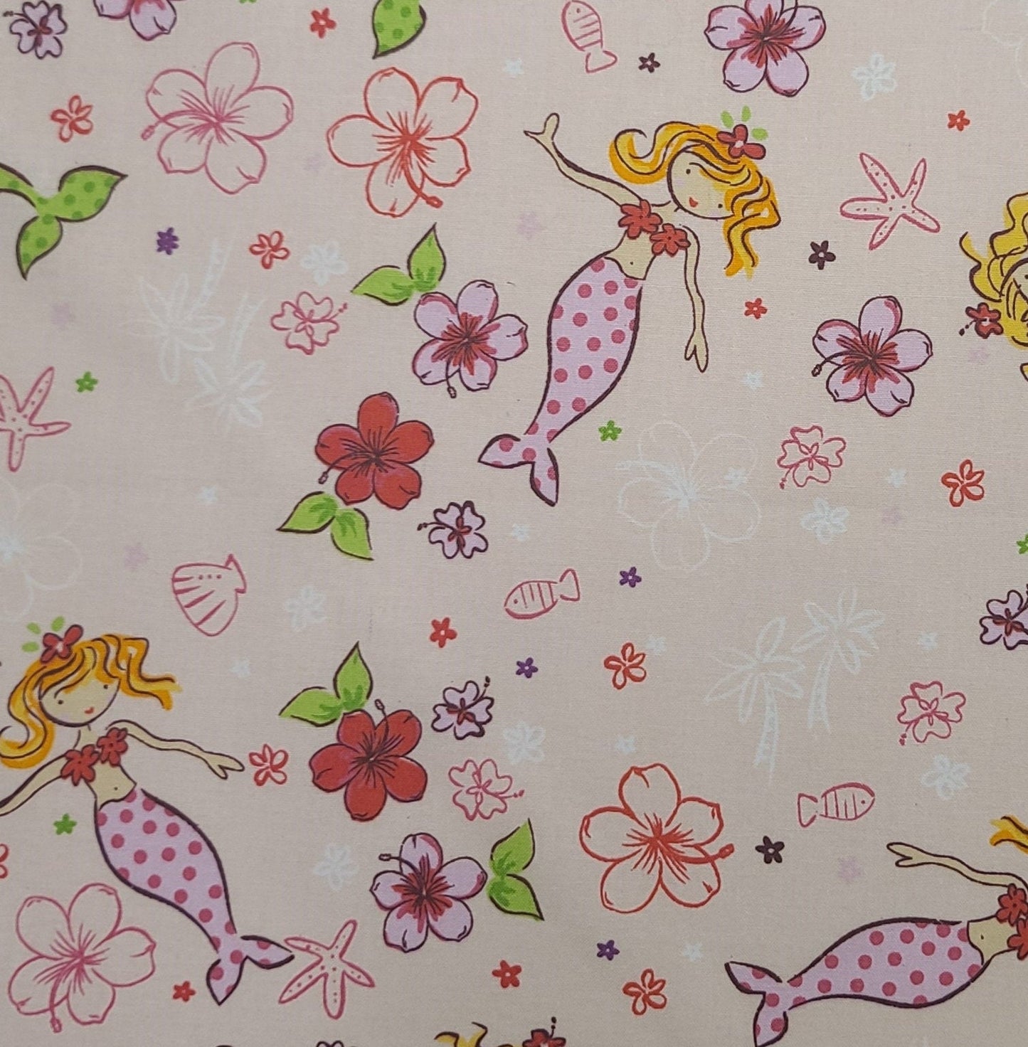 JoAnn Fabrics - Pink Fabric / Brightly Colored Cartoon-Style Mermaid Print