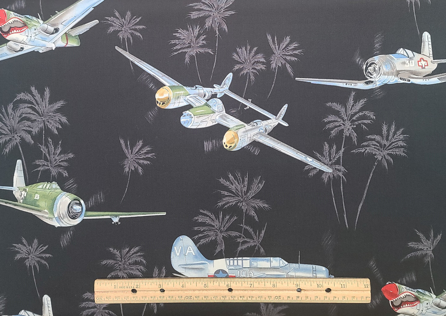 RPH13467 Hoffman California International Fabrics 2011 - Black Fabric / Gray Palm Tree and Vintage Fighter Plane Print