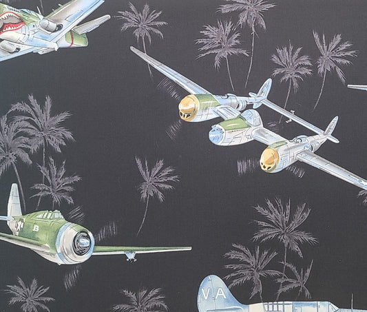 RPH13467 Hoffman California International Fabrics 2011 - Black Fabric / Gray Palm Tree and Vintage Fighter Plane Print