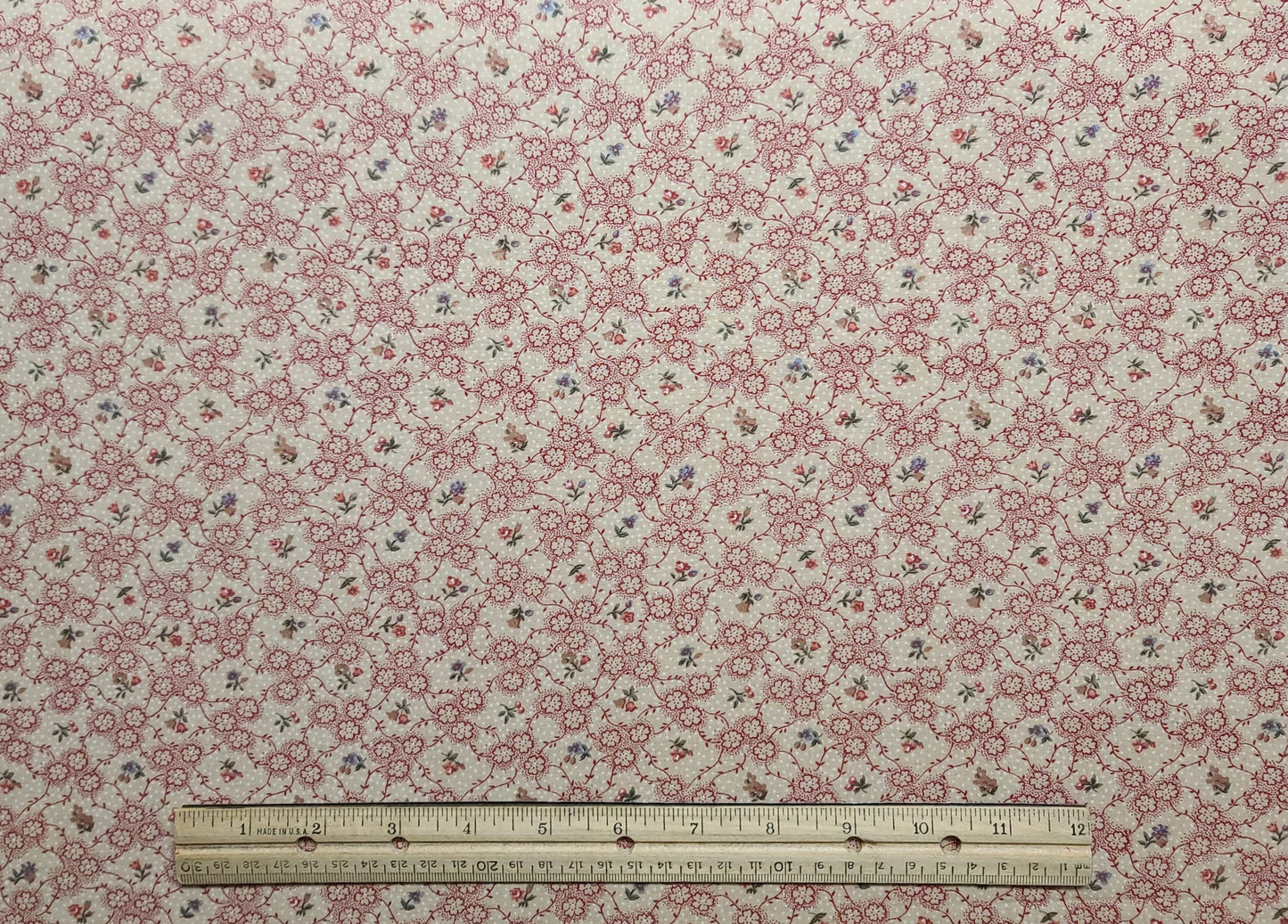 Peter Pan Fabrics - Light Tan Fabric /White Micro Dot / Red and Pale Blue Flower, Vine Print