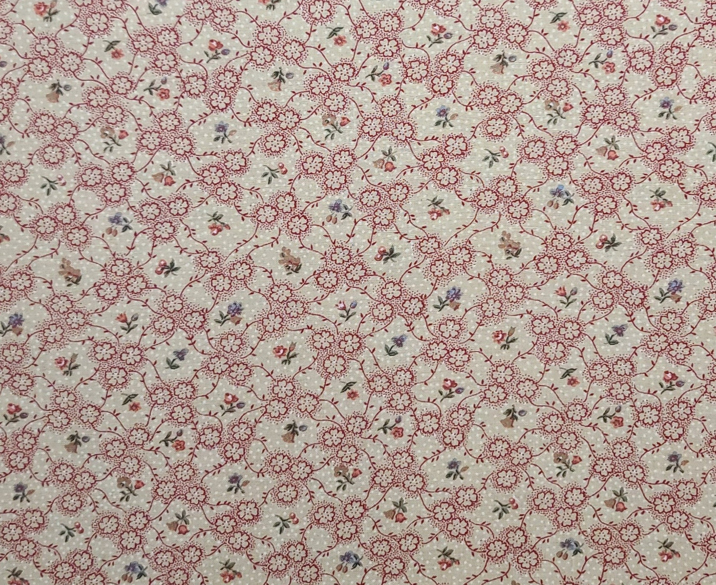 Peter Pan Fabrics - Light Tan Fabric /White Micro Dot / Red and Pale Blue Flower, Vine Print