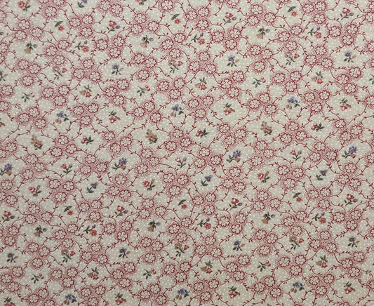 Peter Pan Fabrics - Light Tan Fabric /White Micro Dot / Red and Pale Blue Flower, Vine Print