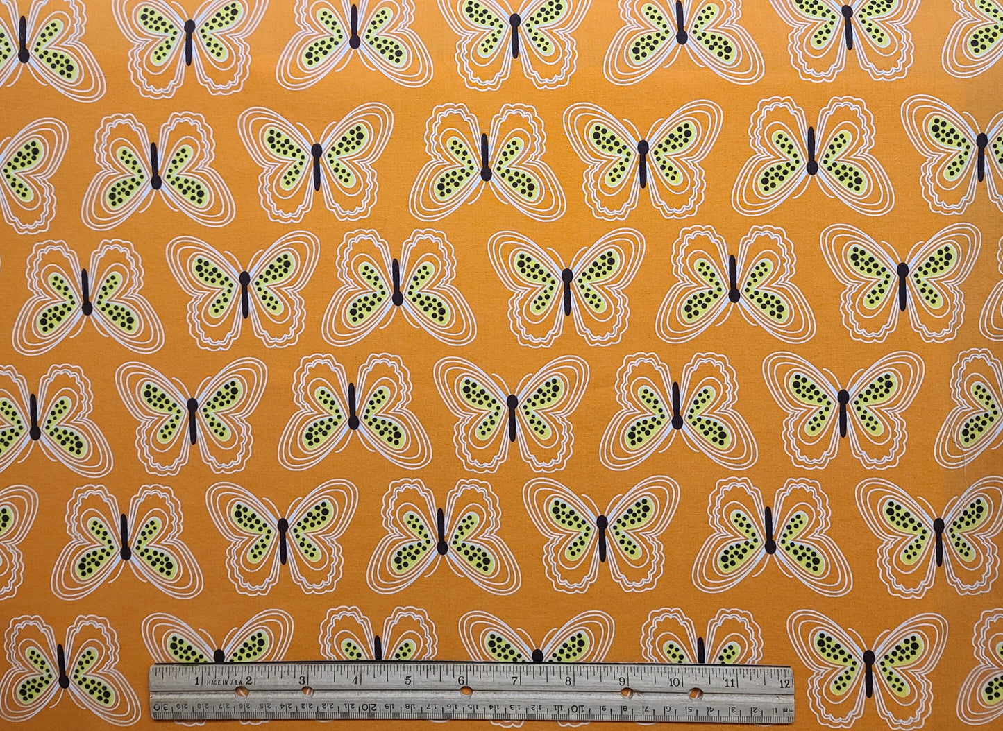 Petal Punch S#G3106 by Hoffman California International Fabrics - Bright Orange Fabric / Black, White, Yellow Butterfly Print