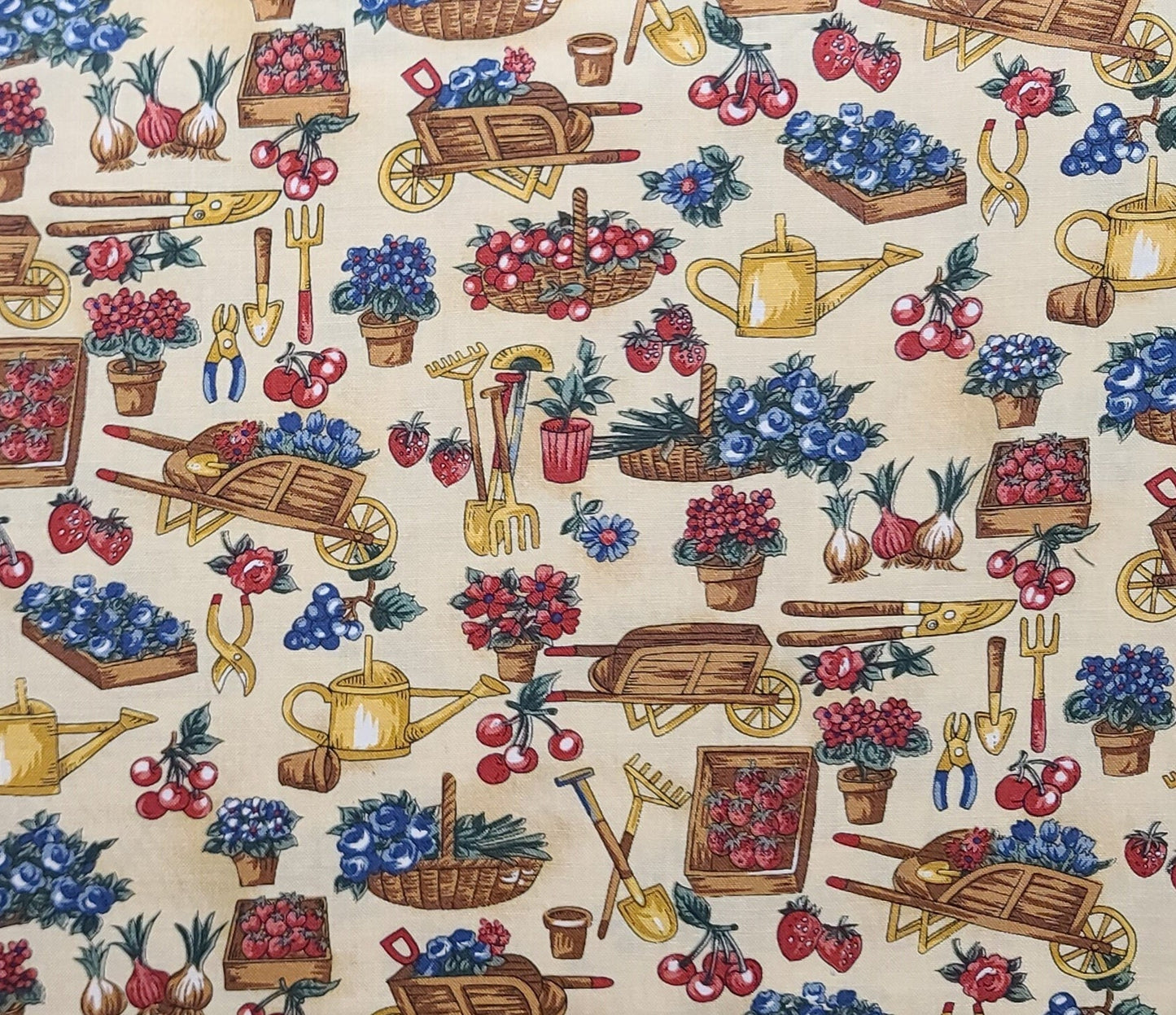 Country Fair by Hoffman International Fabrics - Tan Tonal Fabric / Red, Tan, Blue Garden Print