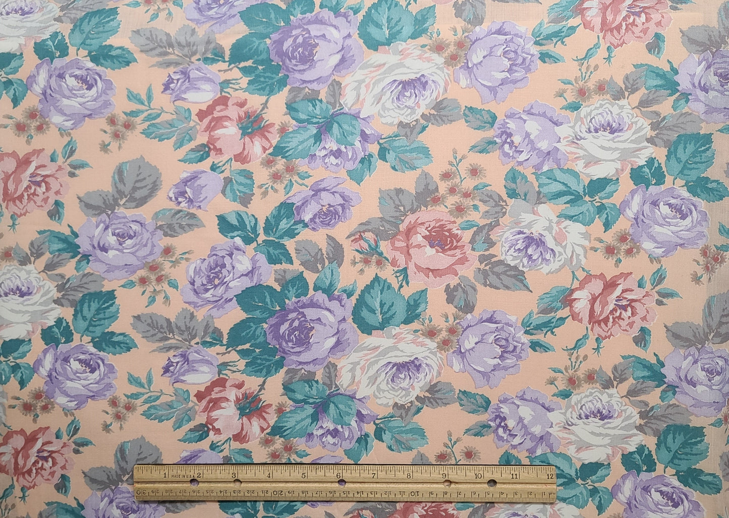 Challis - 44"/45" Wide - Peach Fabric / Lavender, Coral, Hunter Green, Rose Print