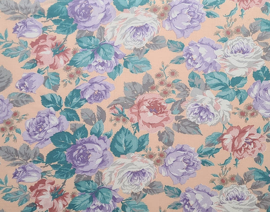 Challis - 44"/45" Wide - Peach Fabric / Lavender, Coral, Hunter Green, Rose Print