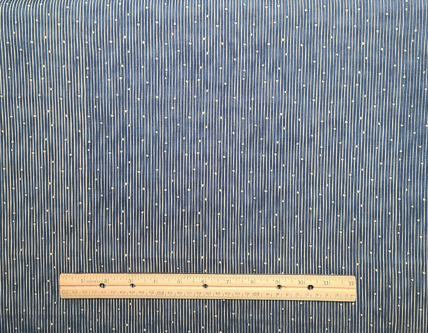 Moda Fabrics by Deb Strain - Dark Blue and Tan Tonal Vertical (Parallel to Selvage) Stripe and Star Print Fabric