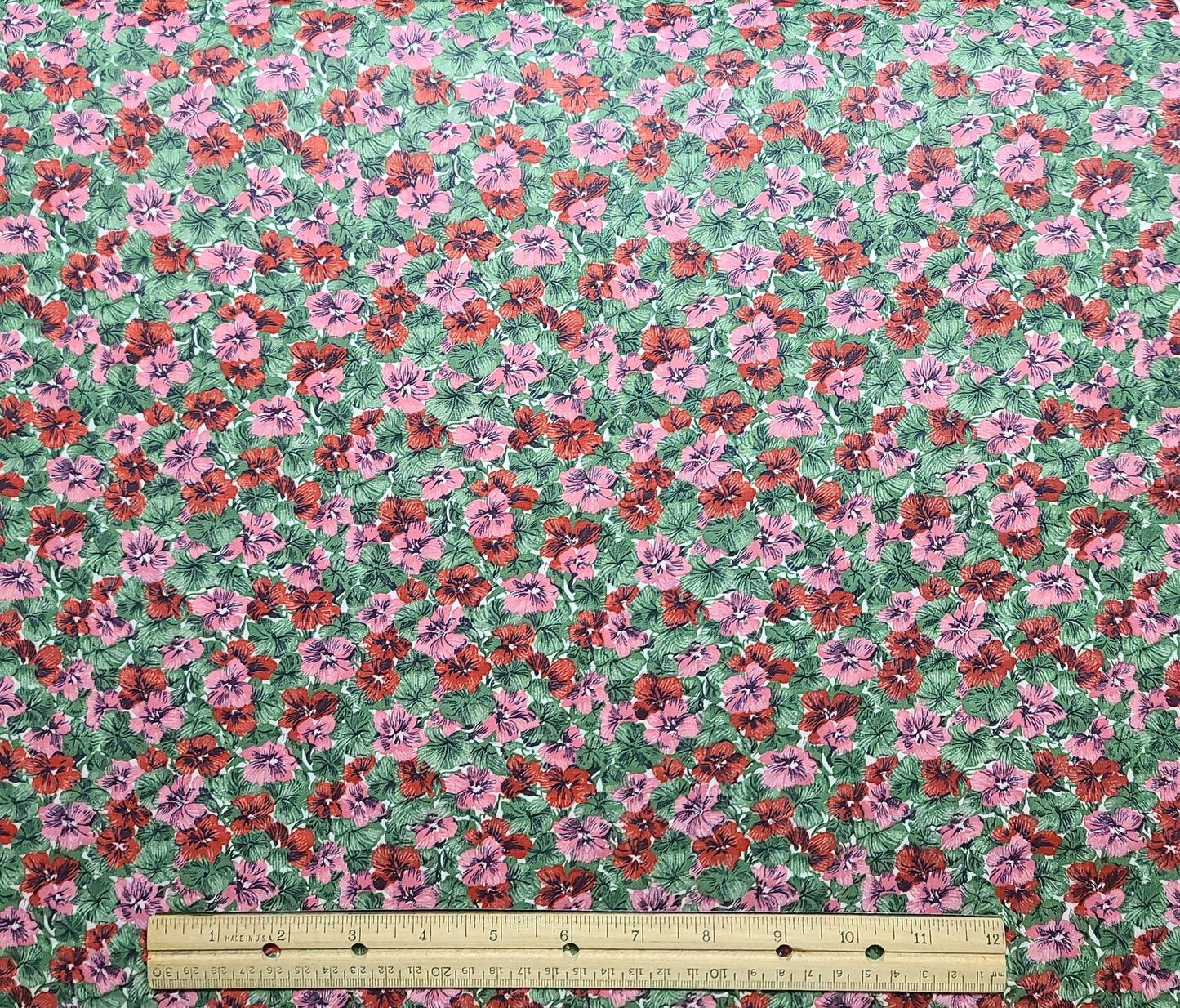 Vintage 36" WIDE White Fabric / Green, Red Flower Print