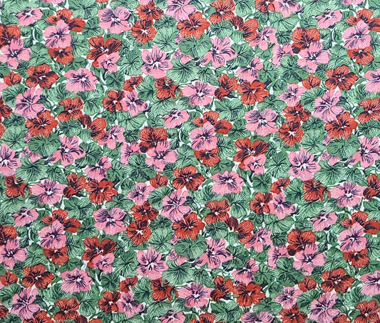 Vintage 36" WIDE White Fabric / Green, Red Flower Print