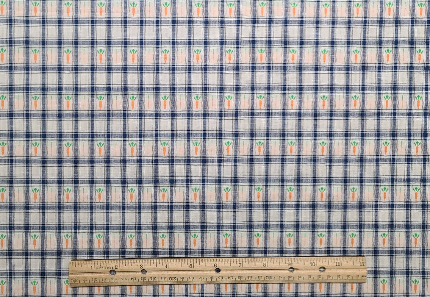 Vintage 60" WIDE White Fabric / Woven Dark Blue Plaid, Orange and Green Carrot Pattern