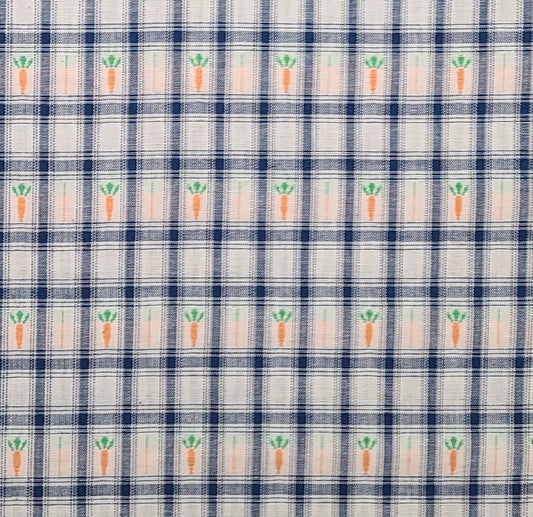 Vintage 60" WIDE White Fabric / Woven Dark Blue Plaid, Orange and Green Carrot Pattern