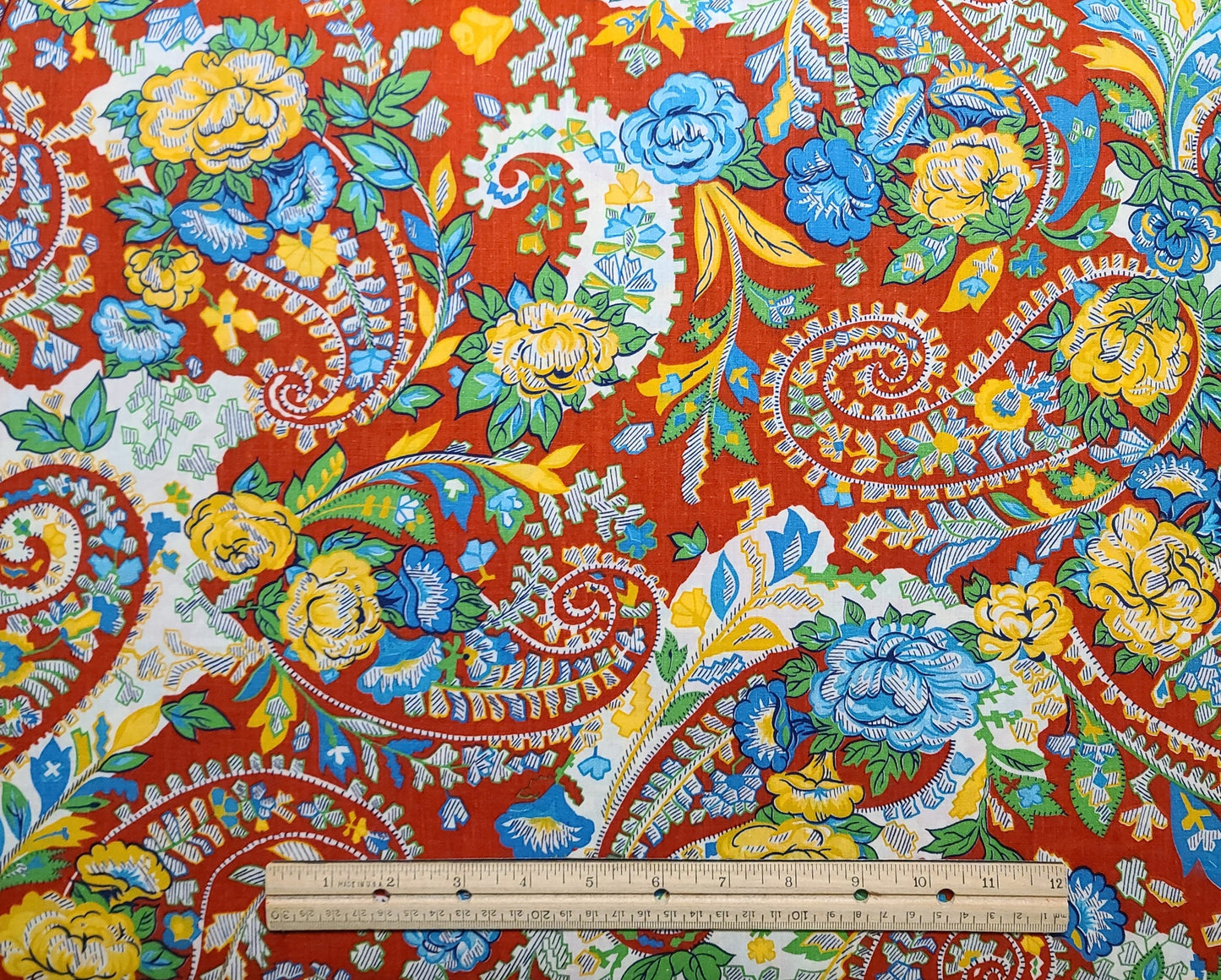 Manes Fabric Co - Red, Turquoise, Green, White Paisley Flower Print Fabric